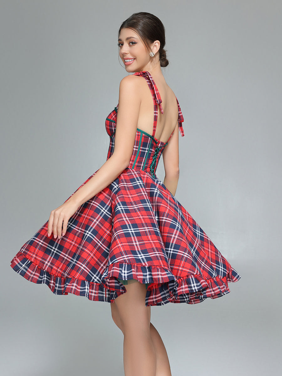 Vintage Christmas Plaid Dress A-Line Knee Length Party Tartan Dresses YW243106