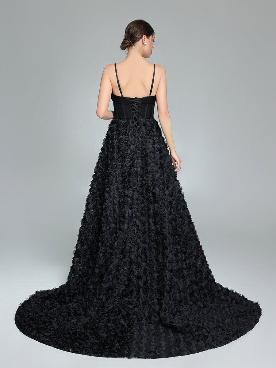 Black A-line Gown with Corset Bodice Mesh Rose Evening Formal Gown YW240043 Black A-line Gown with Corset Bodice Mesh Rose Evening Formal Gown YW240043