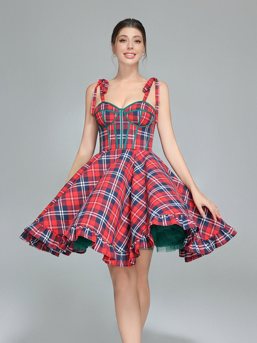 Vintage Christmas Plaid Dress A-Line Knee Length Party Tartan Dresses YW243106