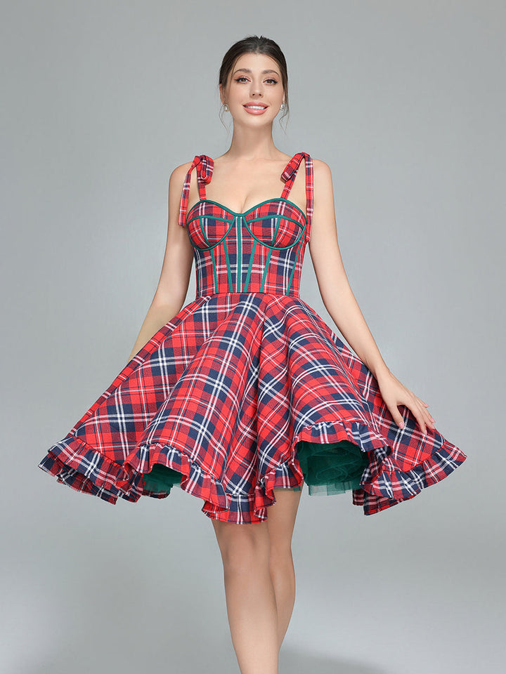 Vintage Christmas Plaid Dress A-Line Knee Length Party Tartan Dresses YW243106