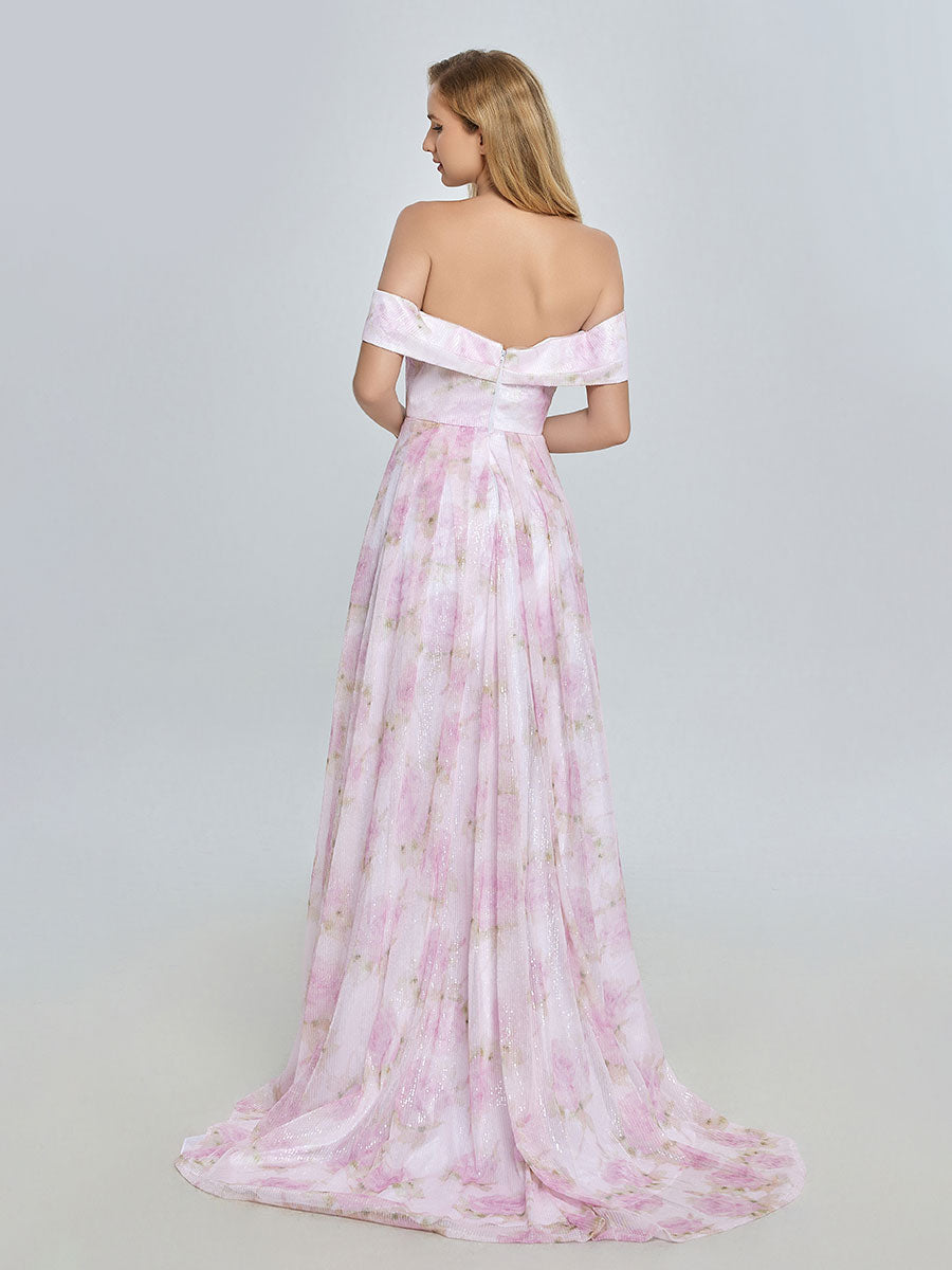 Elegant Off Shoulder Pink Printed Prom Dress YE3019