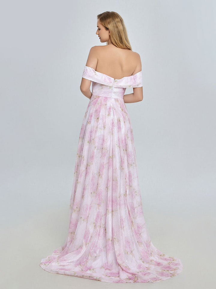 Elegant Off Shoulder Pink Printed Prom Dress YE3019