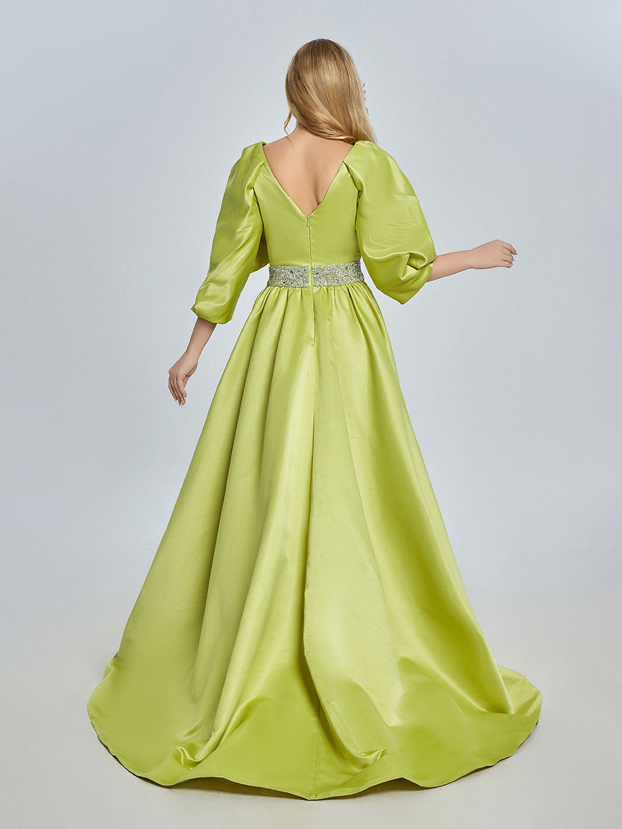fluorescent prom dresses Free Shipping A Line V Neck Fluorescent Green Chiffon Prom Dresses with Slit VK051201 Vickidress