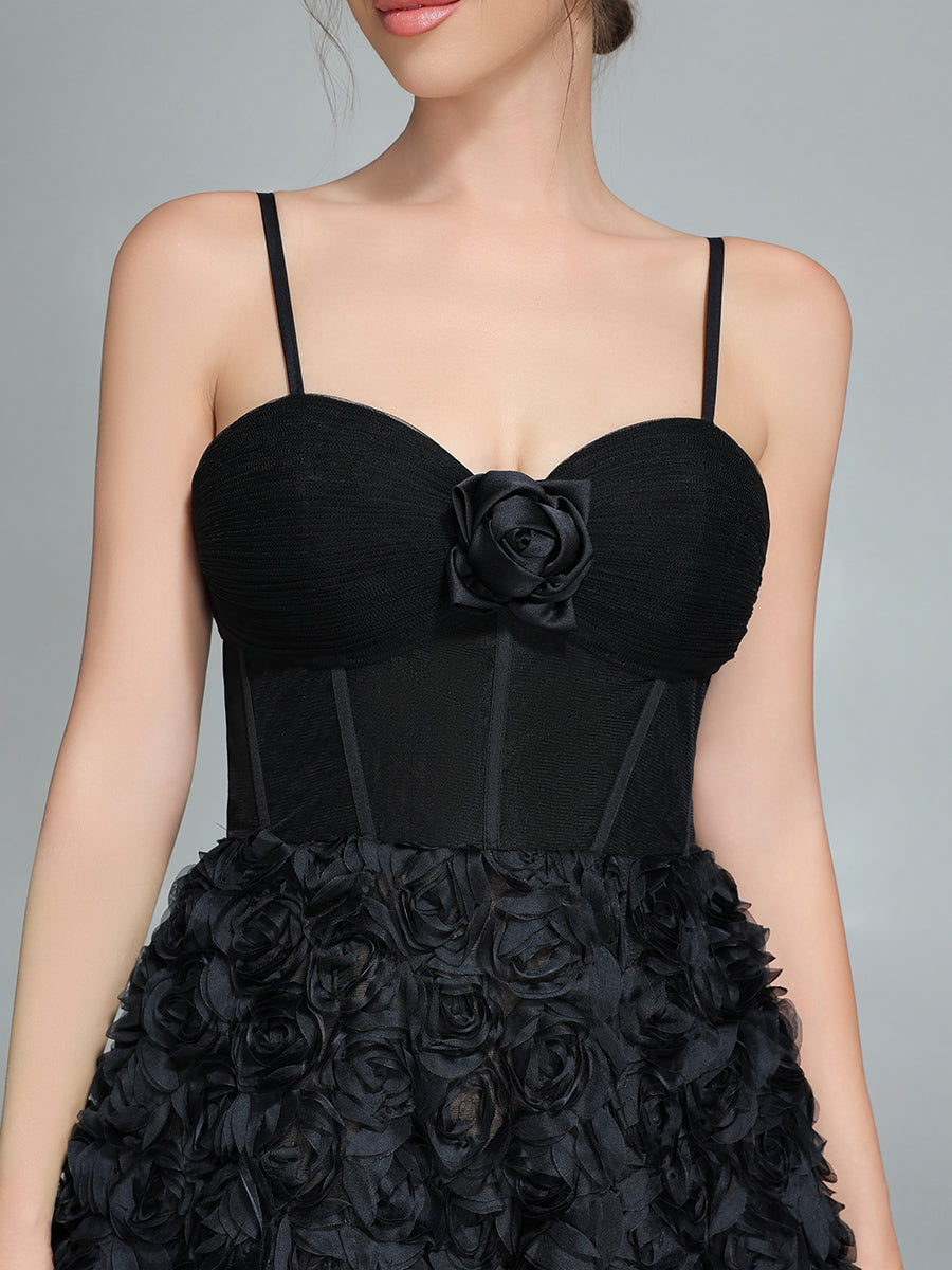 Black A-line Gown with Corset Bodice Mesh Rose Evening Formal Gown
