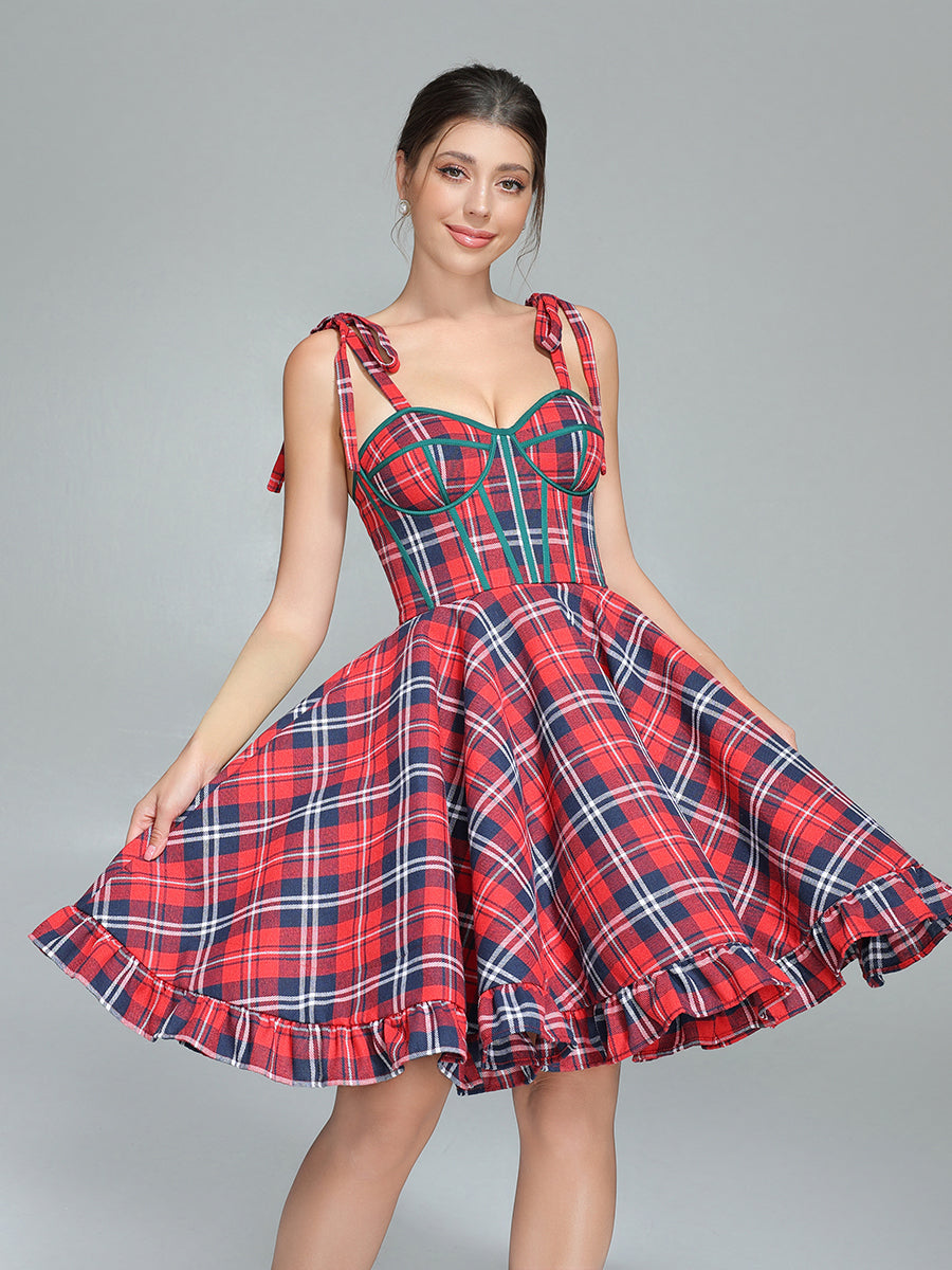 Vintage Christmas Plaid Dress A-Line Party Tartan Dresses 16 / Picture Color