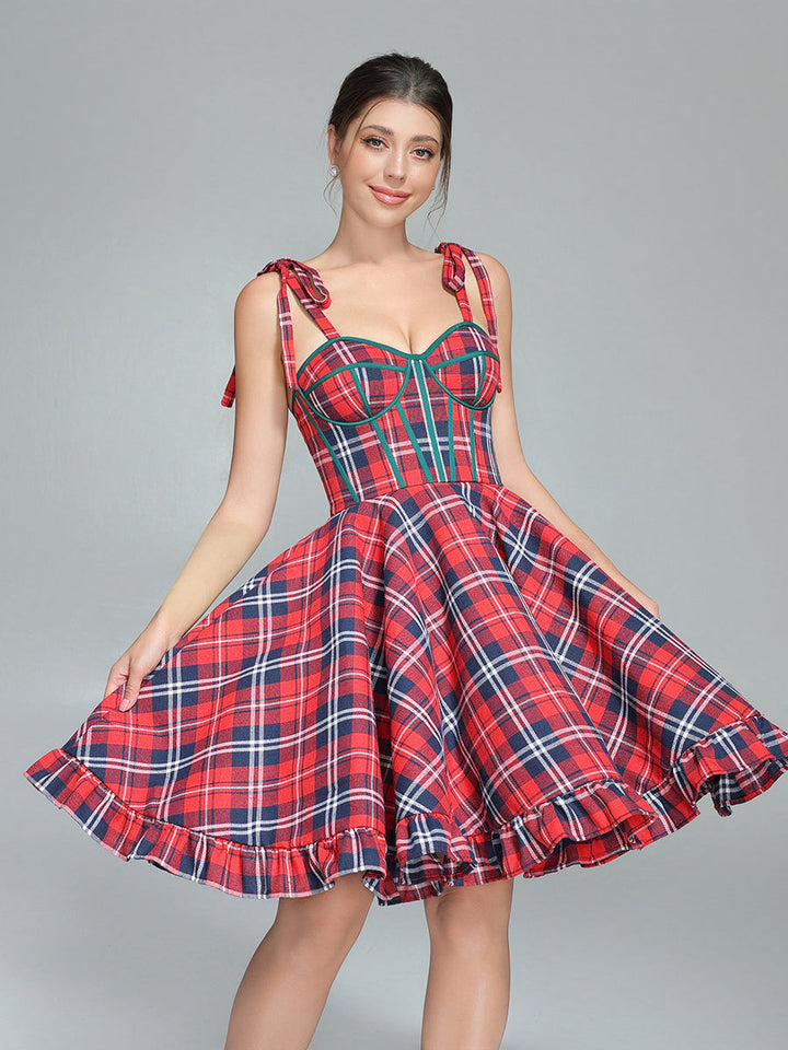 Vintage Christmas Plaid Dress A-Line Knee Length Party Tartan Dresses YW243106