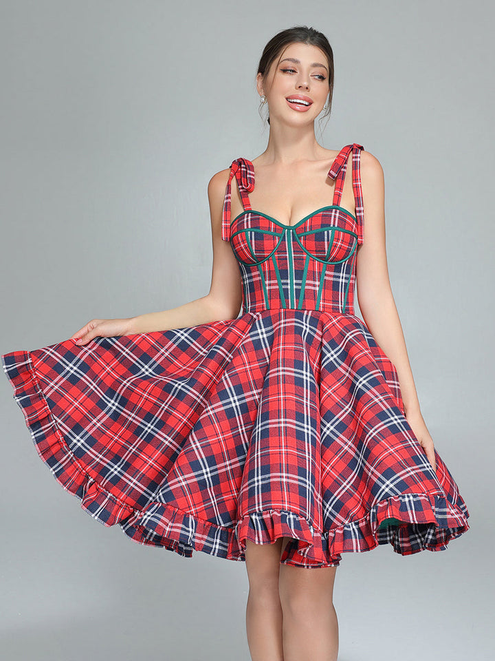 Vintage Christmas Plaid Dress A-Line Knee Length Party Tartan Dresses YW243106