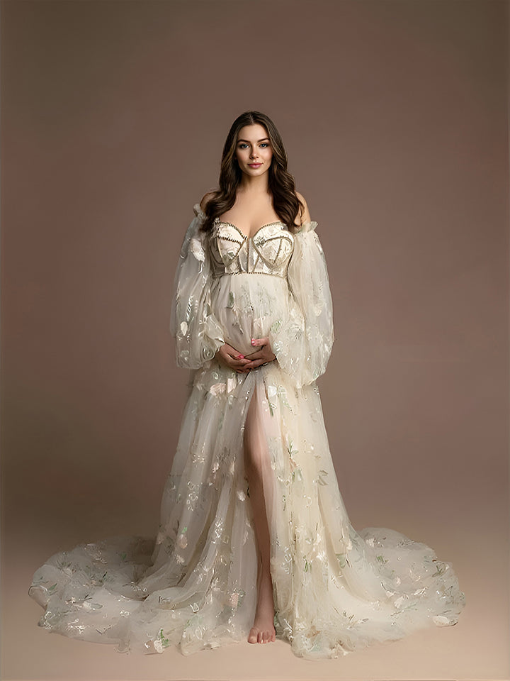 High Waist Maternity Dress for Photo Shoot Embroidery Tulle Long Sleeves Front Slit Maternity Gowns YW230306-1