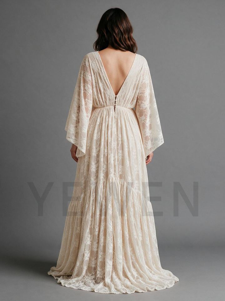 Ivory Deep V-Neck Lace Maternity Baby Shower Dress with Bell Sleeves