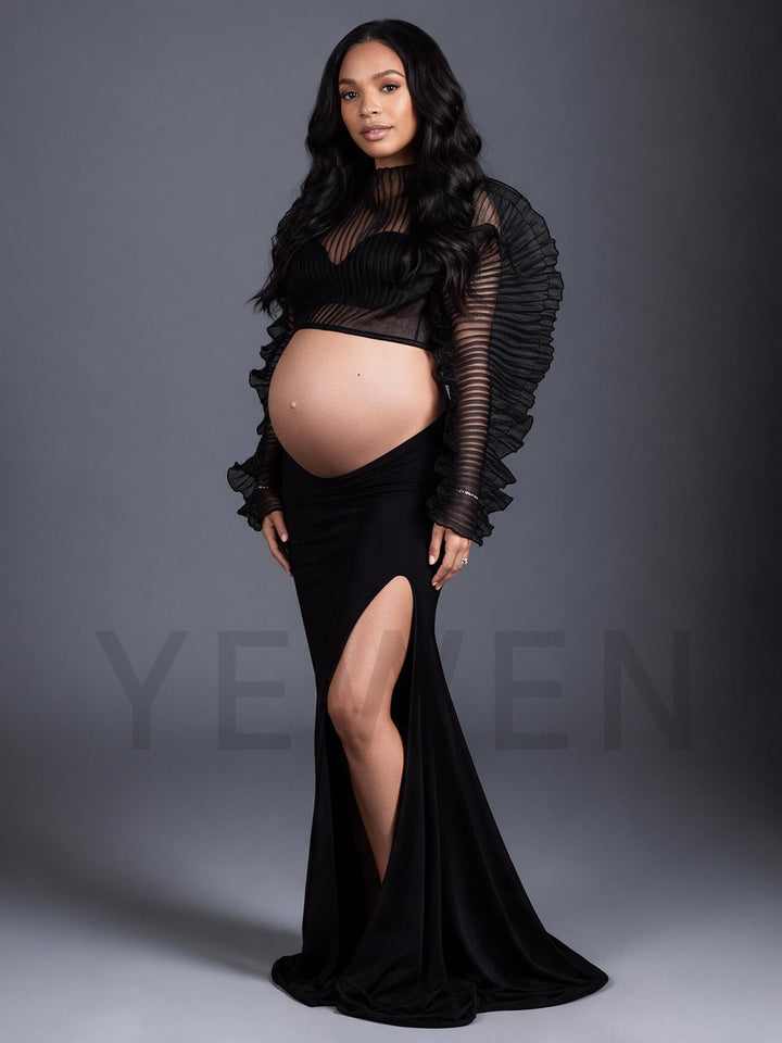 Two-Piece Sheer Pleated Maternity Photoshoot Gown YW2609308