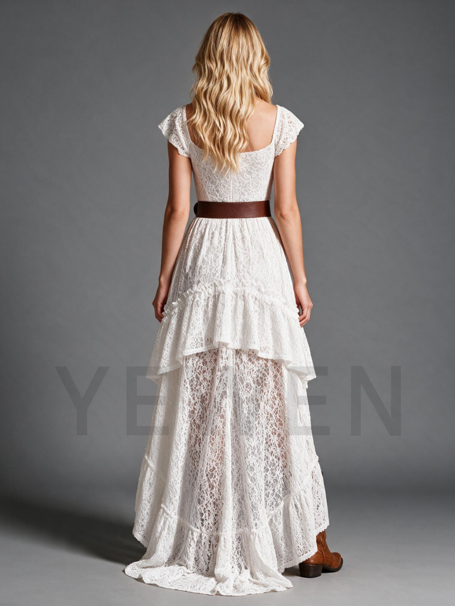 Ivory Lace High-Low Wedding Dress with Flutter Sleeves