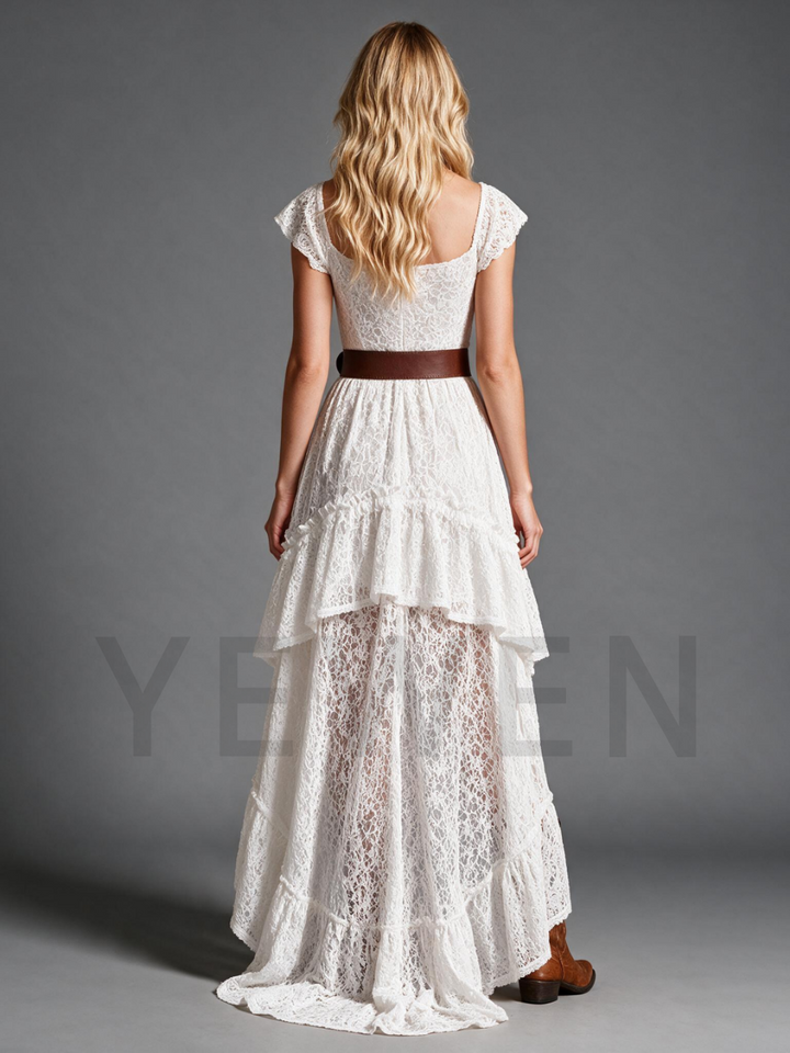 Ivory Lace High-Low Wedding Dress with Flutter Sleeves
