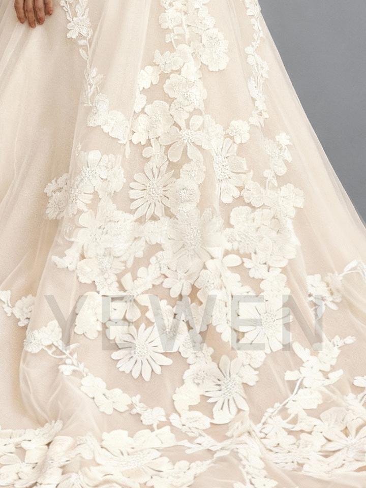 A Line Backless Wedding Dress Lace Applique Tulle Wedding Gown