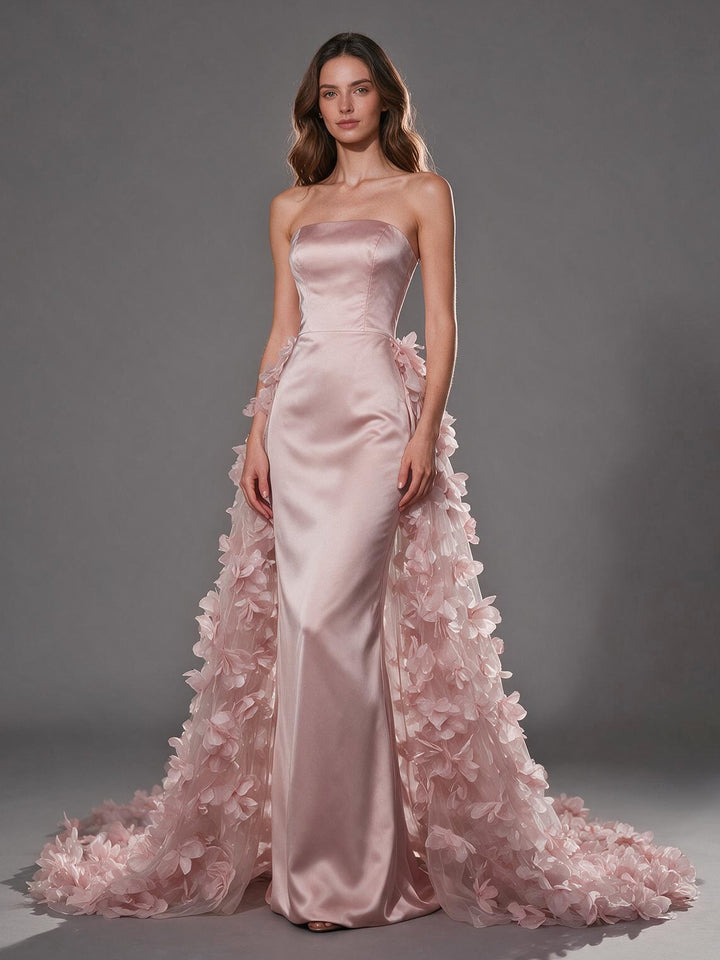 Pink Strapless Satin 3D Floral Evening Gown with Train YX002