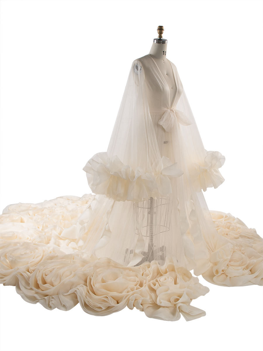 Organza Ruffles Wedding Dresses Long Train Photo Shoot Props Bridal Shower Robe YW250027-1