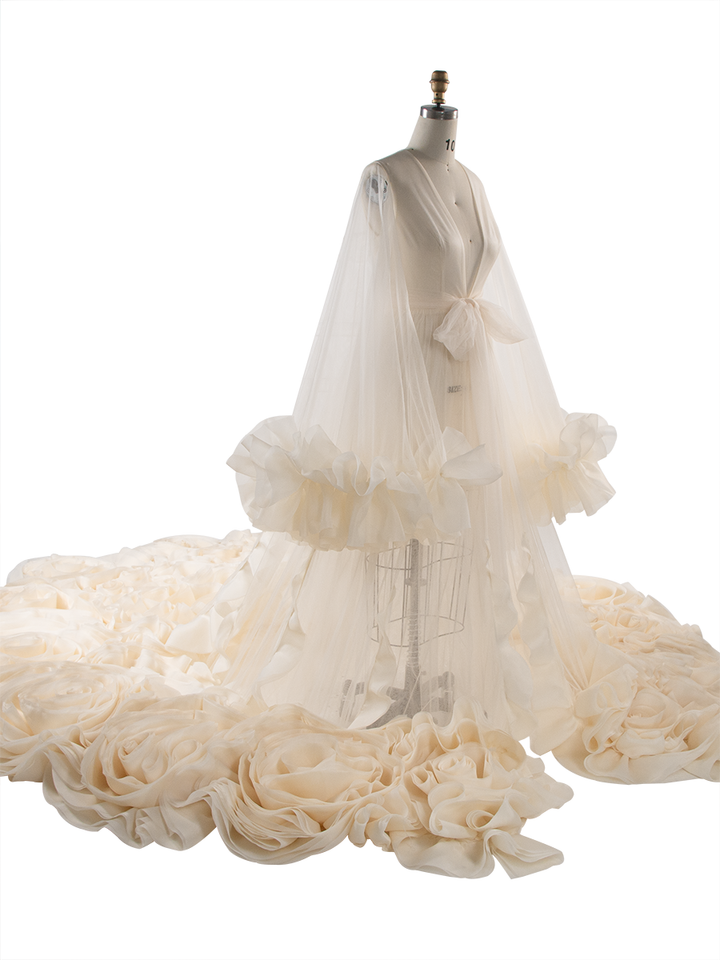 Organza Ruffles Wedding Dresses Long Train Photo Shoot Props Bridal Shower Robe YW250027-1