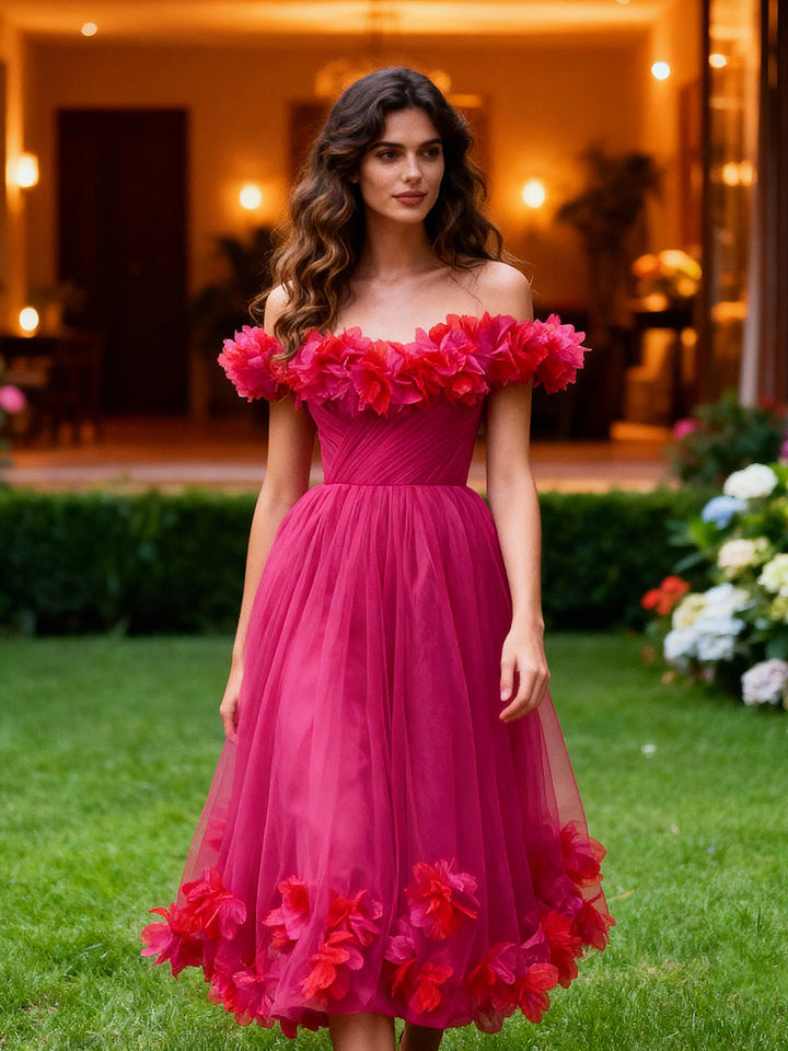 Fuchsia Midi Length Tulle Party Birthday Prom Dress