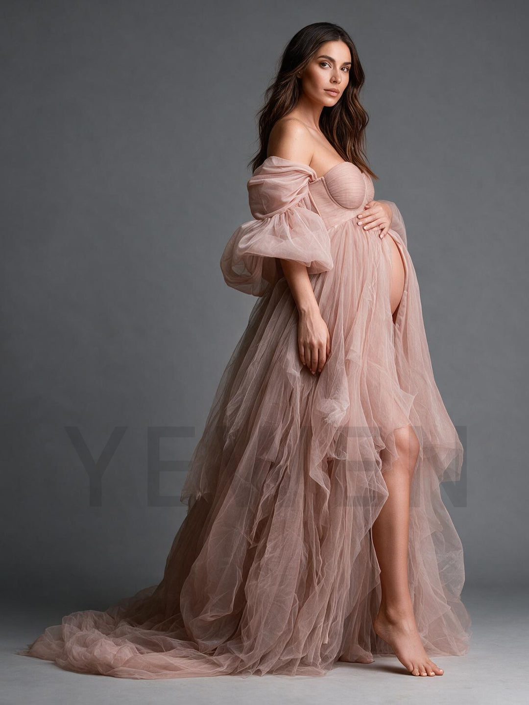 Puff Sleeve Tulle Off-Shoulder Maternity Dress for Photo Shoot YW2610144