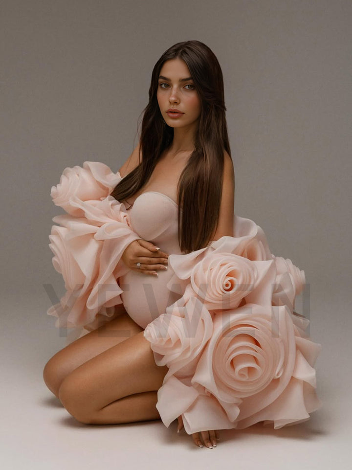 Maternity Organza 3D Flower Cape with Bodysuit Photoshoot Cape for Pregnant Women