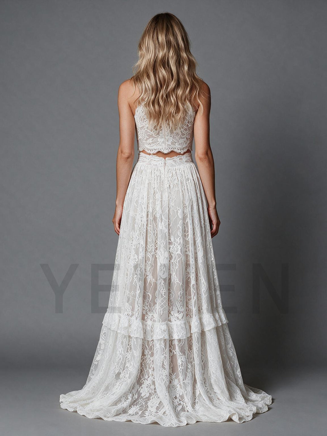 Ivory Two-Piece Halter Lace Wedding Dress with Tiered Ruffle Skirt