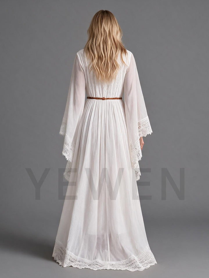 Ivory Wrap V-Neck Bell Sleeve Boho Wedding Dress with Lace Hem