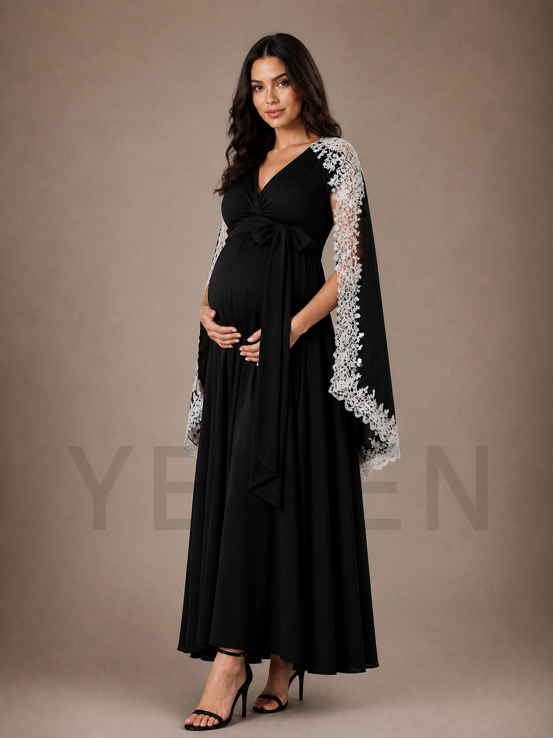 Black Maternity Baby Shower Dress V-Neck Gown with White Lace Cape Sleeves ZX015