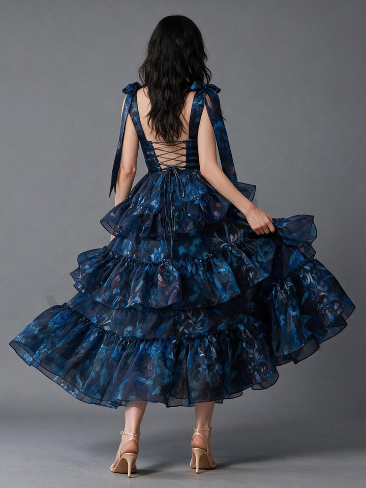 Navy Floral Print Tiered Ruffle Shoulder Tie Princess Dress YW2610161