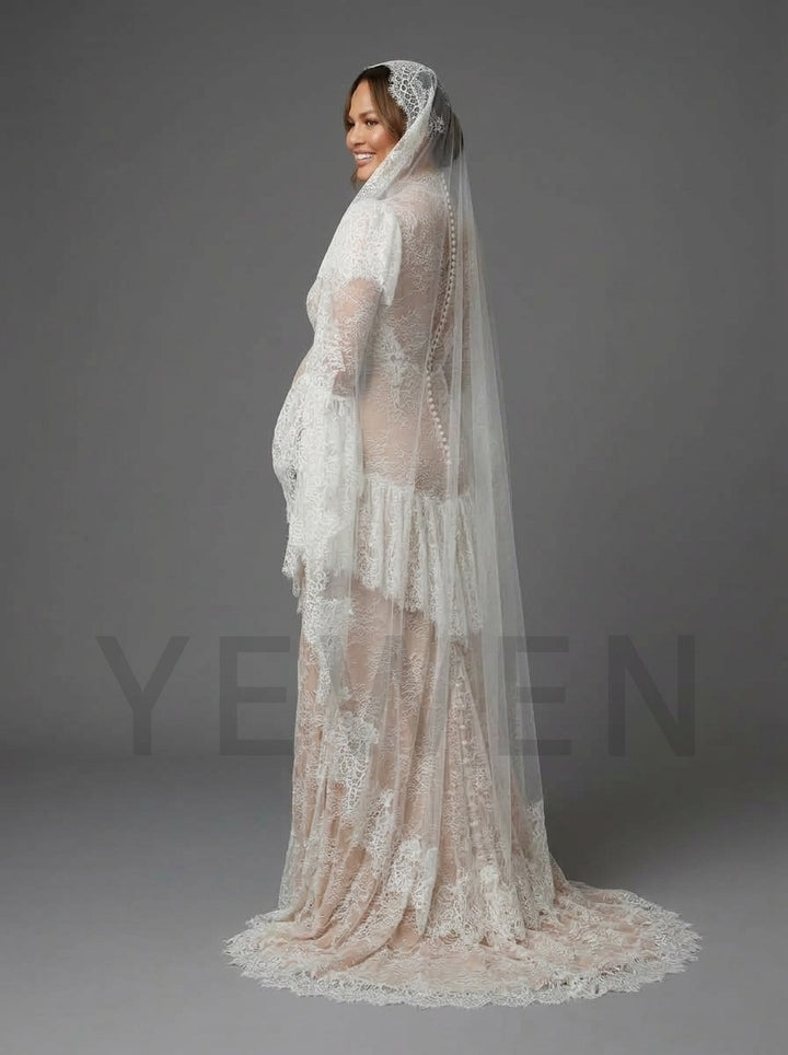 Ivory Mock Neck Lace Maternity Wedding Dress (without Veil) YD261007