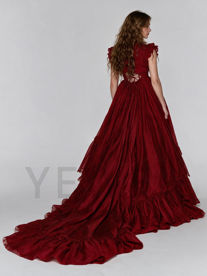 Burgundy High Neck Keyhole Corset Ruffle Christmas Dress YW2610094