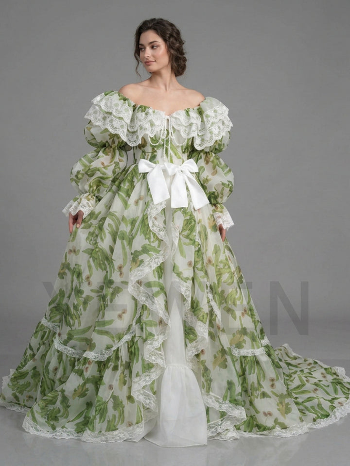 Floral Off-Shoulder Lace Ruffle Puff Sleeve Princess Dress YD260922