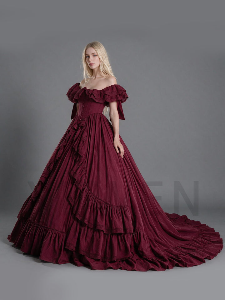 Burgundy Off-Shoulder Ruffled Corset Tiered Christmas Dress YW2610096
