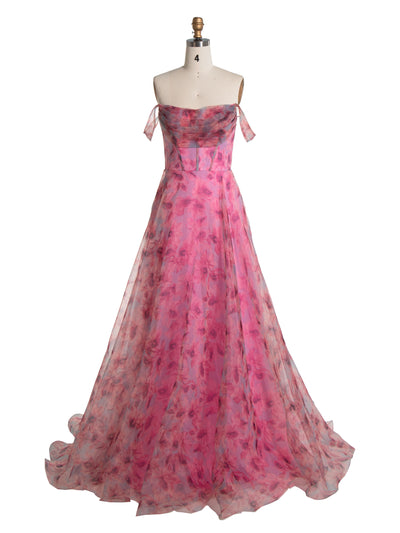 A-line, Elegant Off Shoulder, Printed Prom Dresses