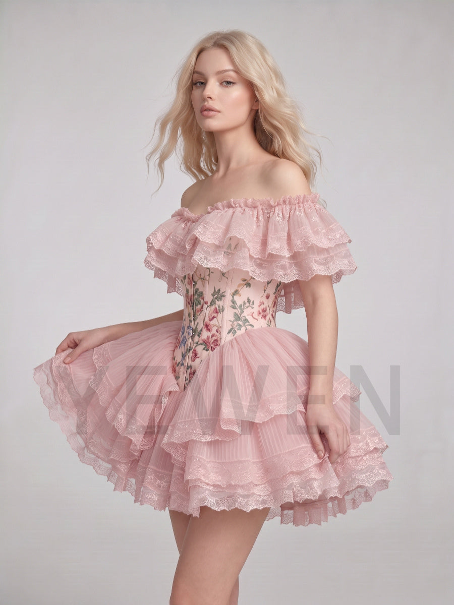 Pink Floral Off-Shoulder Layered Ruffle Mini Princess Dress WT268012