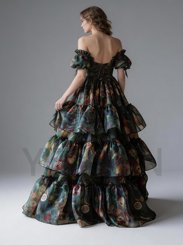 Vintage Floral Painting Sweetheart Puff Sleeve Princess Dress YM260901