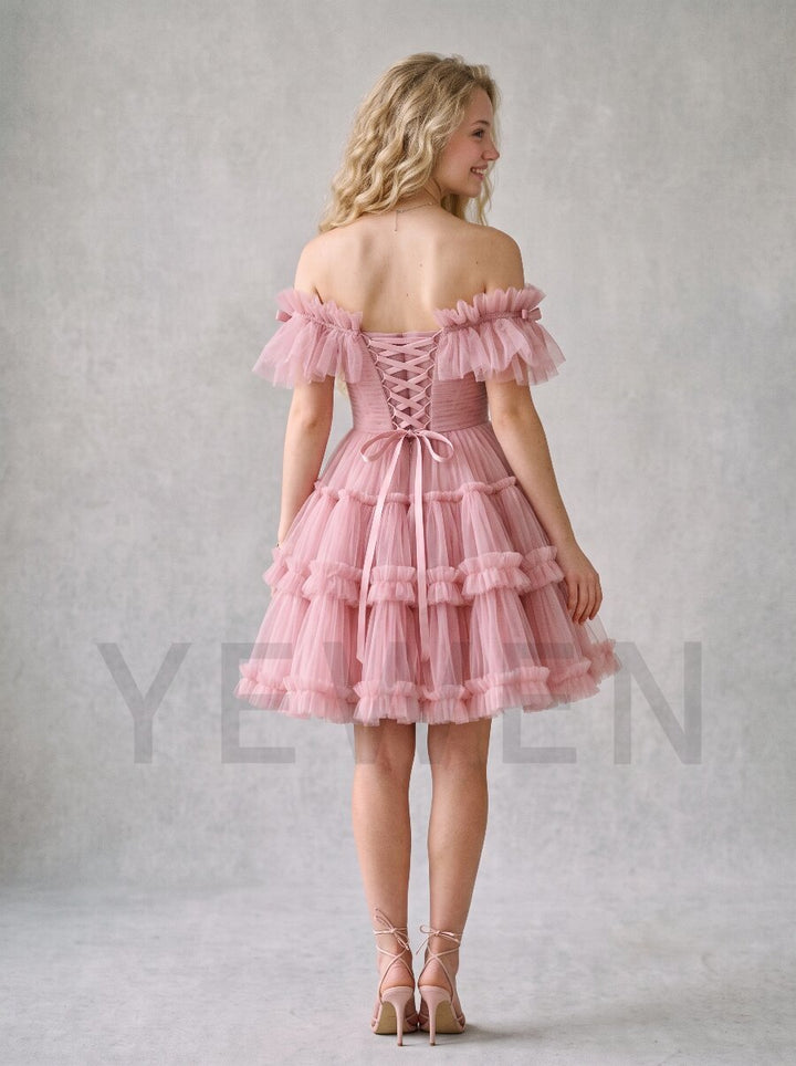 Pink Sheer Puff Sleeve Lace-Up Back Princess Mini Dress ZO260918