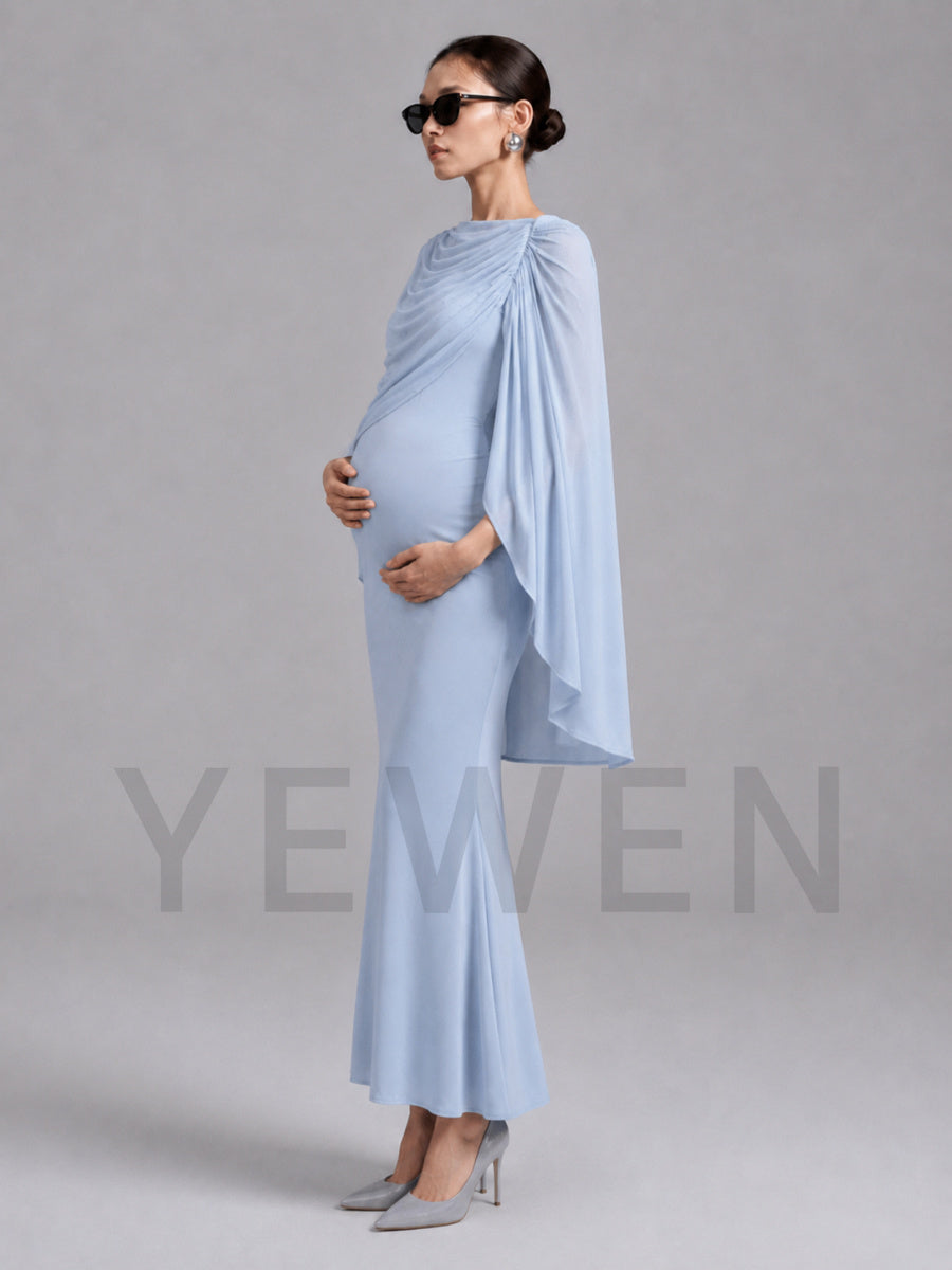 Blue Cape Sleeves Fitted Mermaid Maternity Dress for Baby Shower L-26922