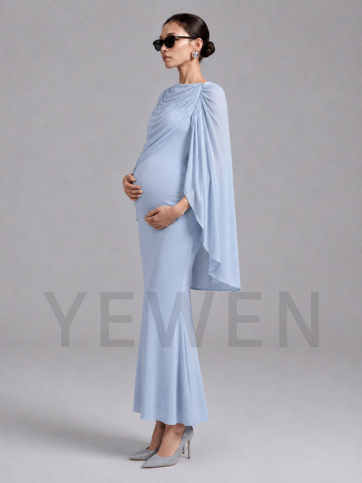 Blue Cape Sleeves Fitted Mermaid Maternity Dress for Baby Shower L-26922