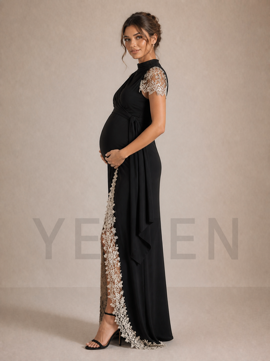 Black Maternity Baby Shower Dress Mock Neck Gown with Lace Split Skirt ZX007