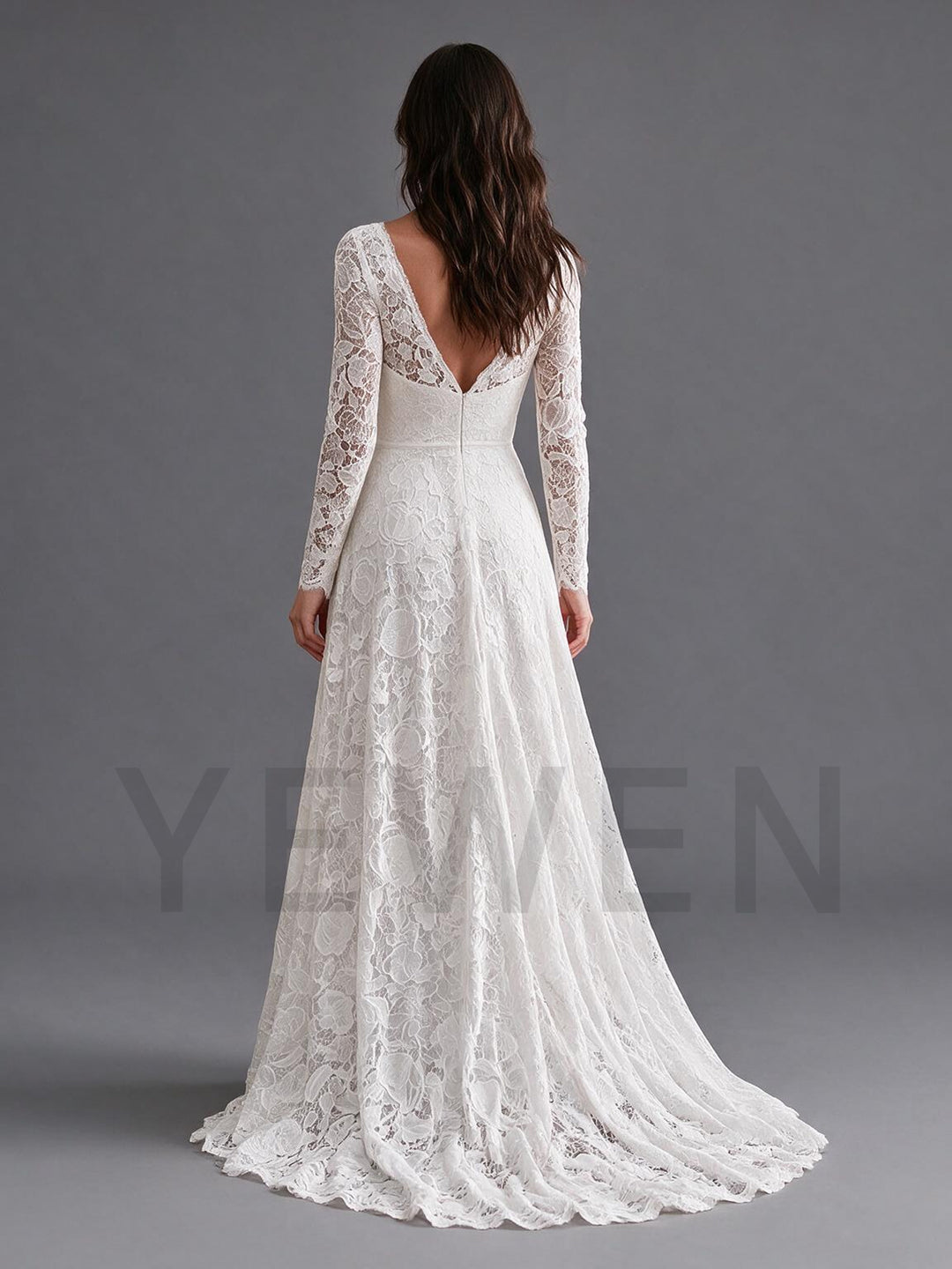 Ivory V-Neck Sheer Long Sleeve High Waist Boho Wedding Dress