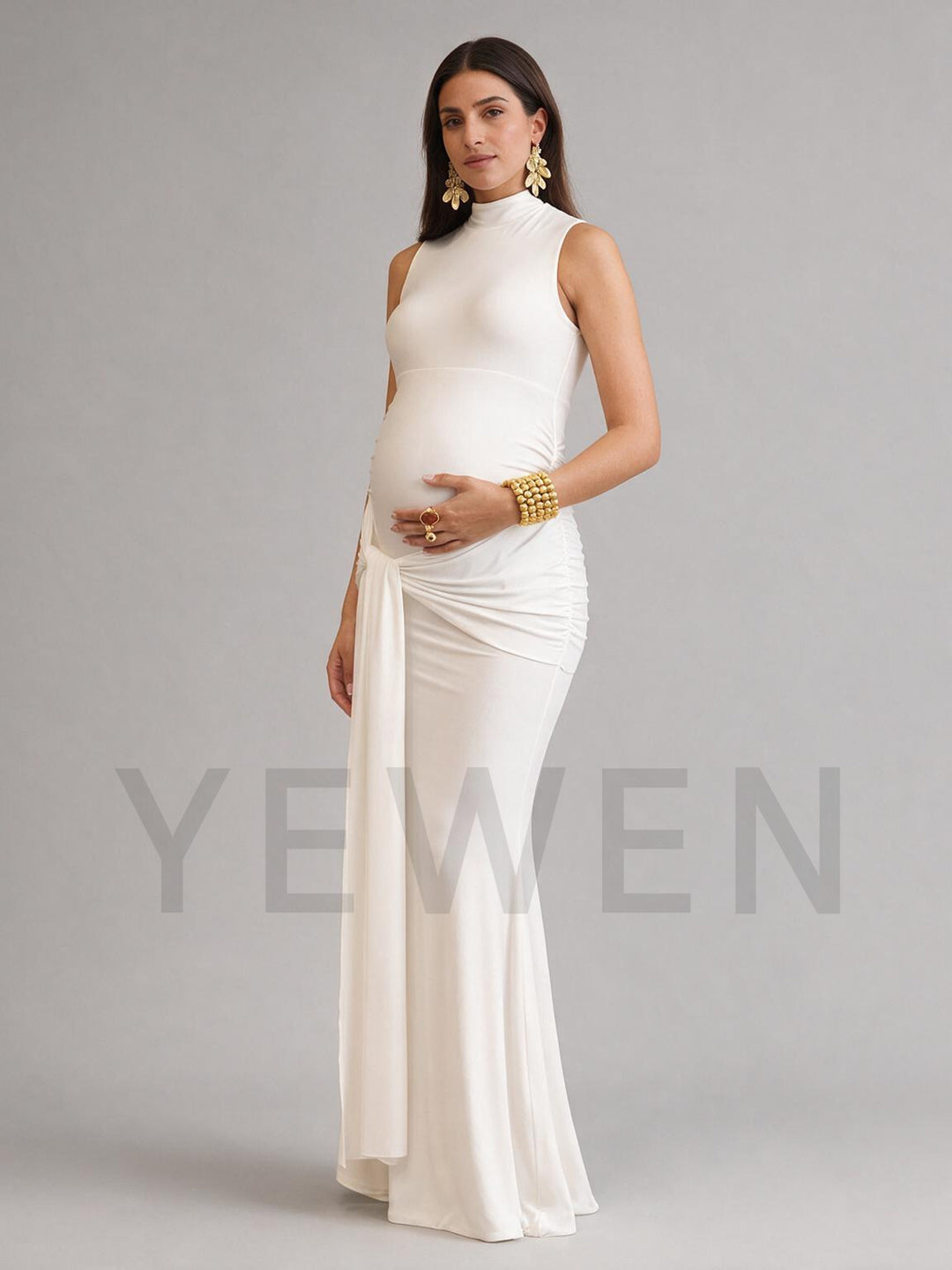 High Neck Fitted Maternity Dress for Baby Shower with Draped Tie Waist