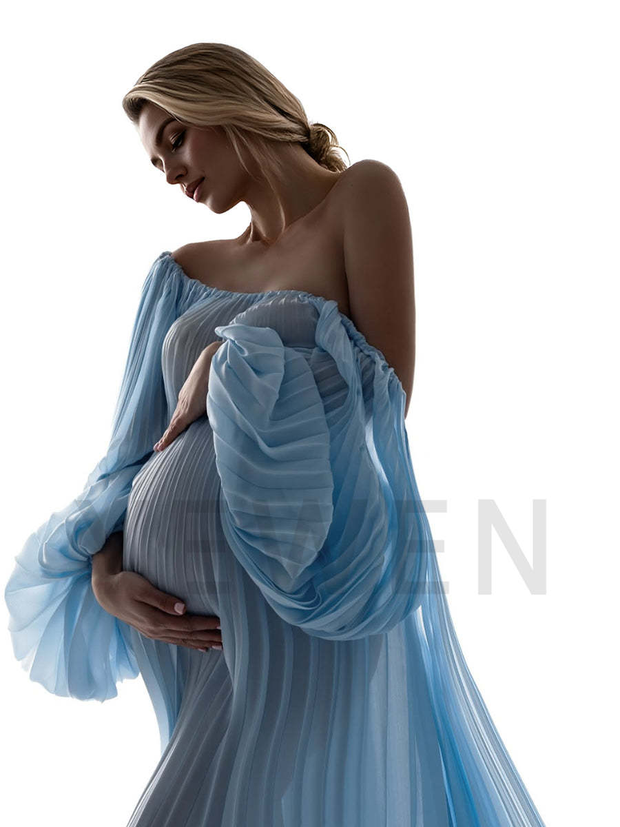 Flowing Pleated Blue Maternity Gown for Photoshoot Elegant Off Shoulder Pregnancy Dress with Long Train YW250071 yewendress Flowing Pleated Blue Maternity Gown for Photoshoot Elegant Off Shoulder Pregnancy Dress with Long Train YW250071 yewendress