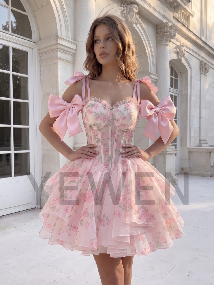 Pink Floral Off-Shoulder Bow Sleeve Corset Princess Dress WT268013