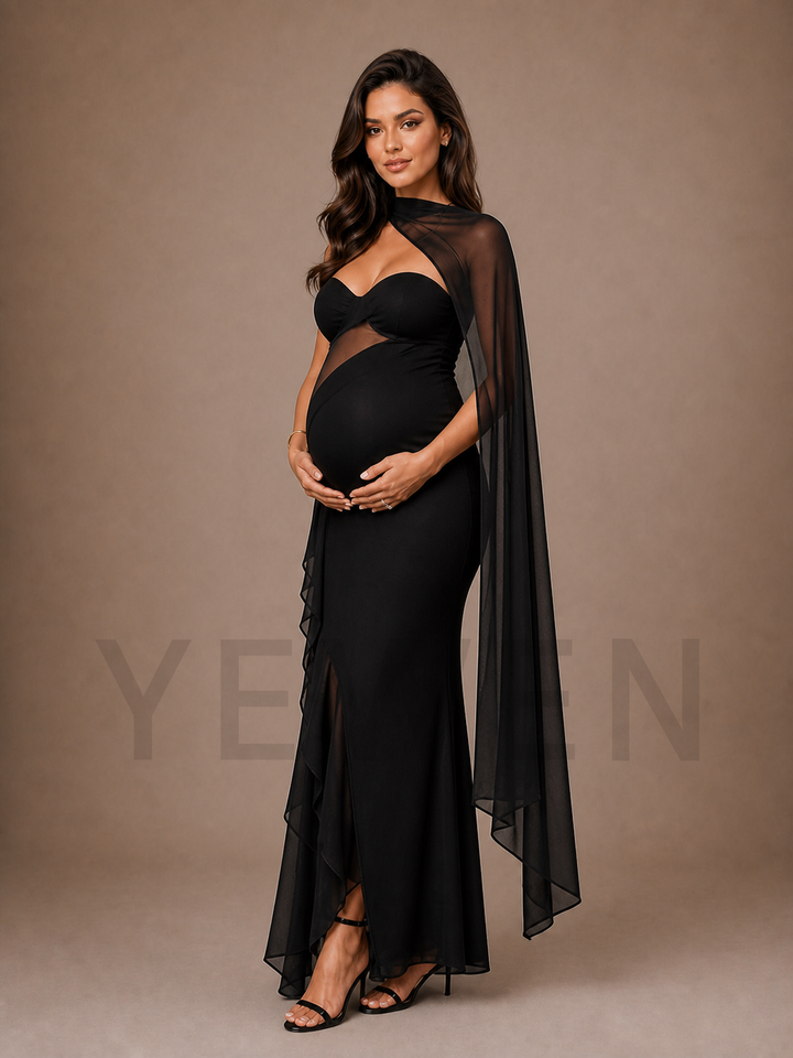 Black Cutout Maternity Baby Shower Dress with Sheer Mesh Cape Overlay ZX019