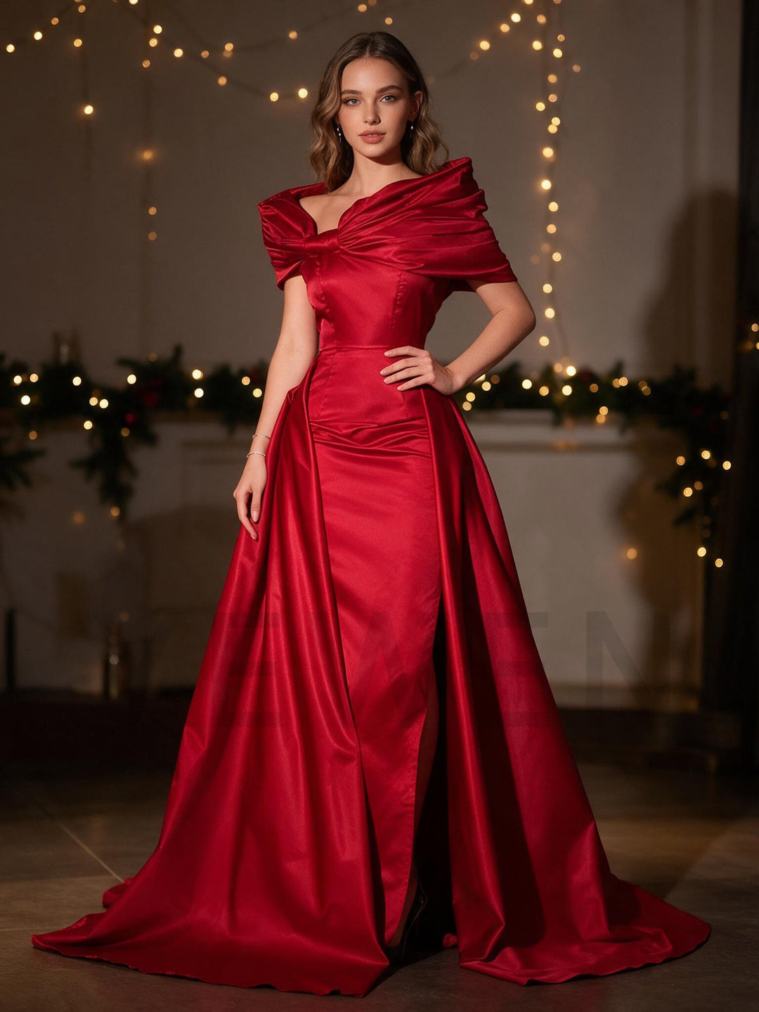 Red Off-Shoulder Draped Twist Boned Corset Christmas Dress YW2609283