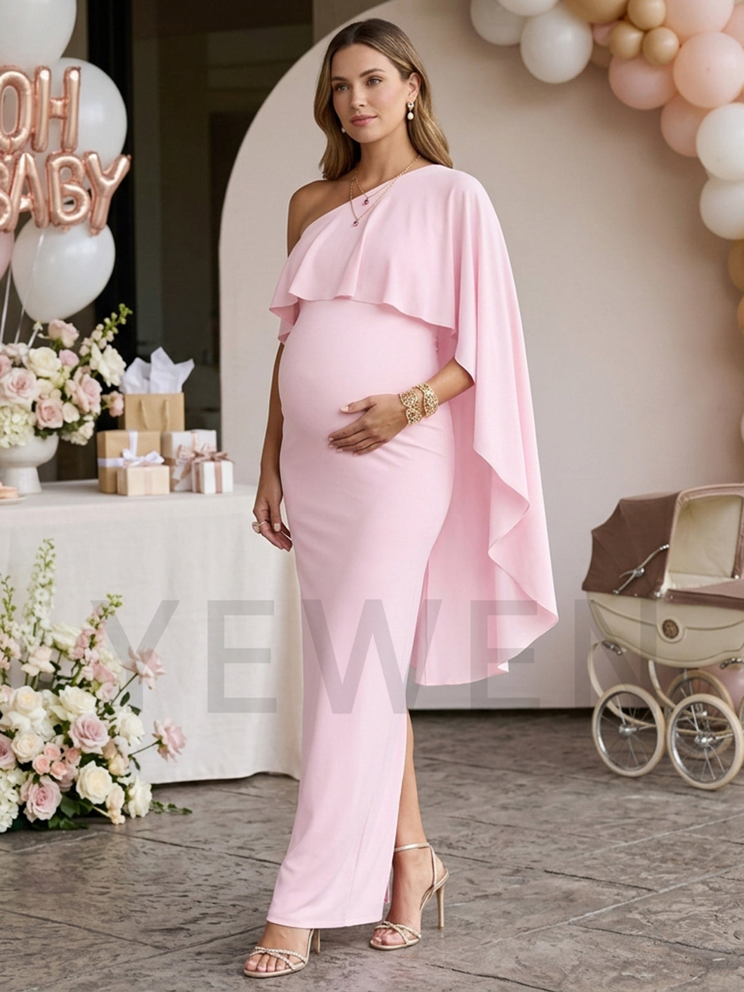 One-Shoulder Cape Sleeve Maternity Dress for Baby Shower YM261003