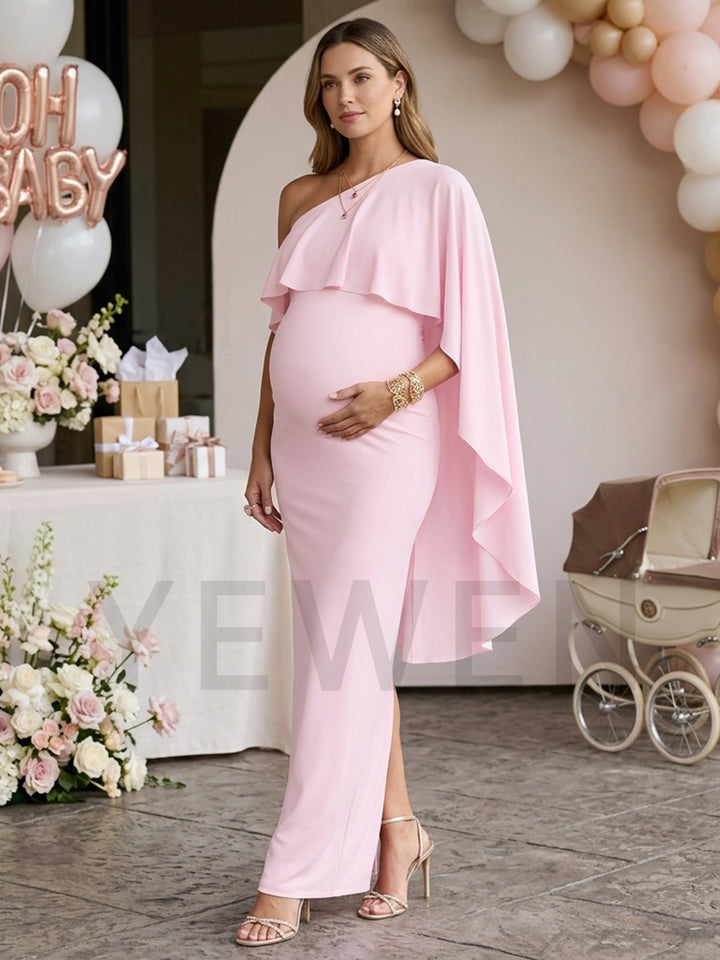 One-Shoulder Cape Sleeve Maternity Dress for Baby Shower YM261003