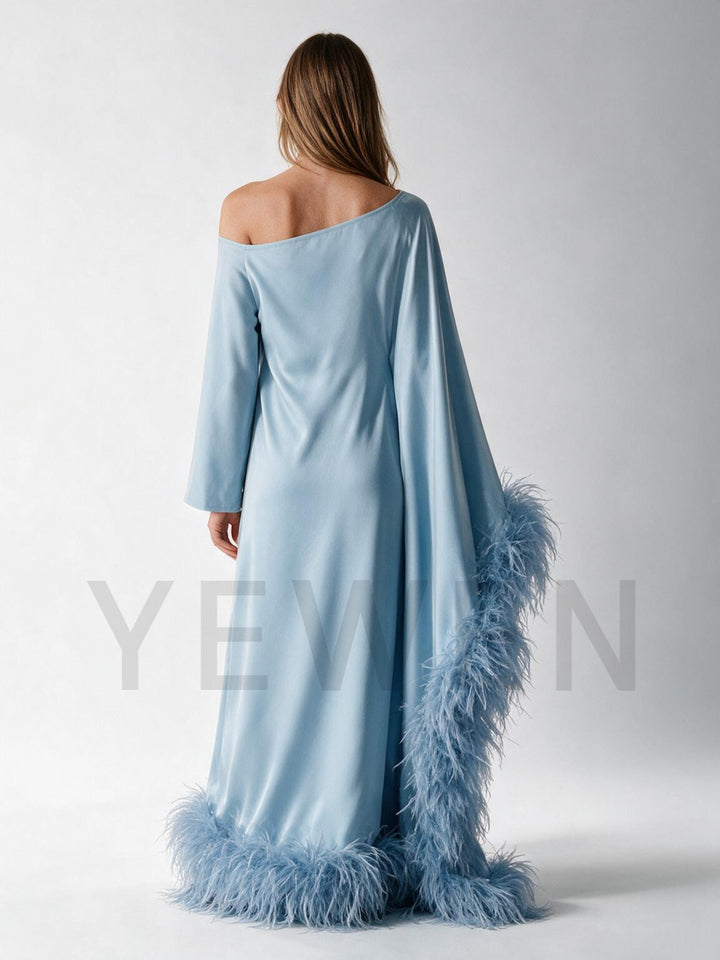 One-Shoulder Ostrich Feather Poncho Drape Satin Evening Gown YW2610066
