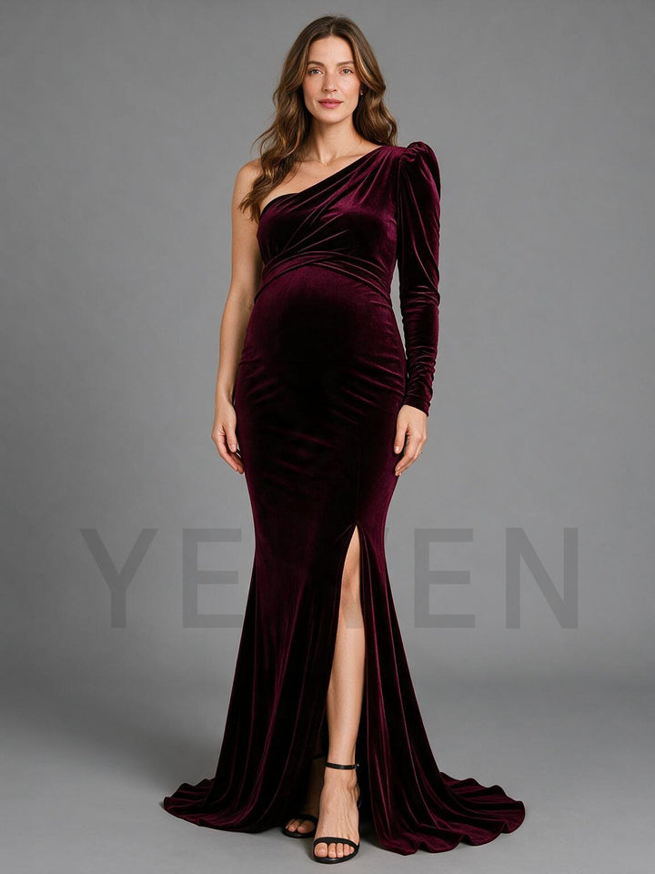 Burgundy Velvet Maternity Dress for Baby Shower High Slit Mermaid Gown