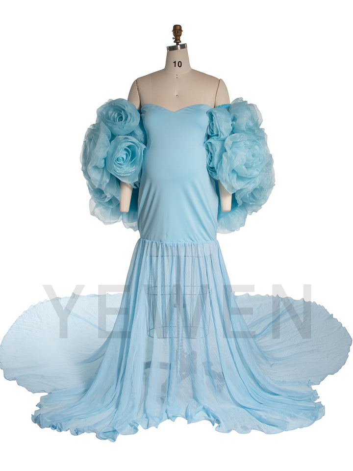 Gorgeous Mermaid Maternity Dress Photoshoot with 3D Floral Shawl Baby Shower Dress YW250040