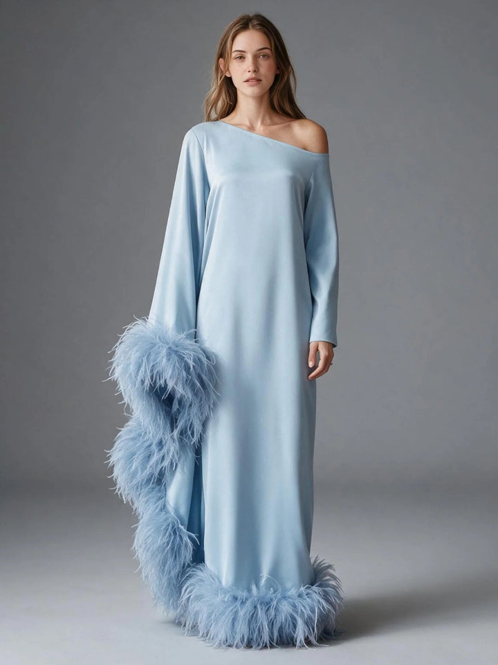 One-Shoulder Ostrich Feather Poncho Drape Satin Evening Gown YW2610066